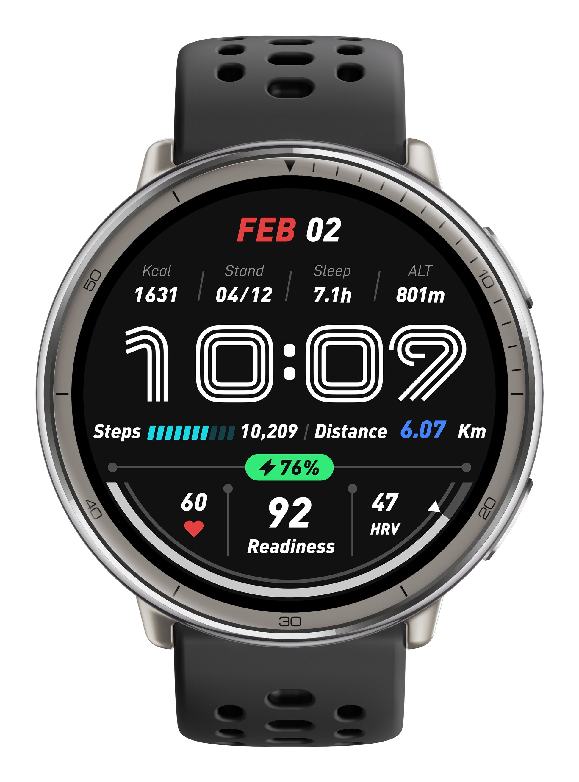 Amazfit Active 2 44 mm GPS – Edelstahl Silber, Lederband Schwarz, 50 m, für iPhone
