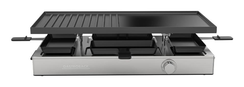 Gastroback Raclette 42563 – 8 Personen, 1700 W, 12 Pfännchen, Aluminiumguss – schwarz/edelstahl