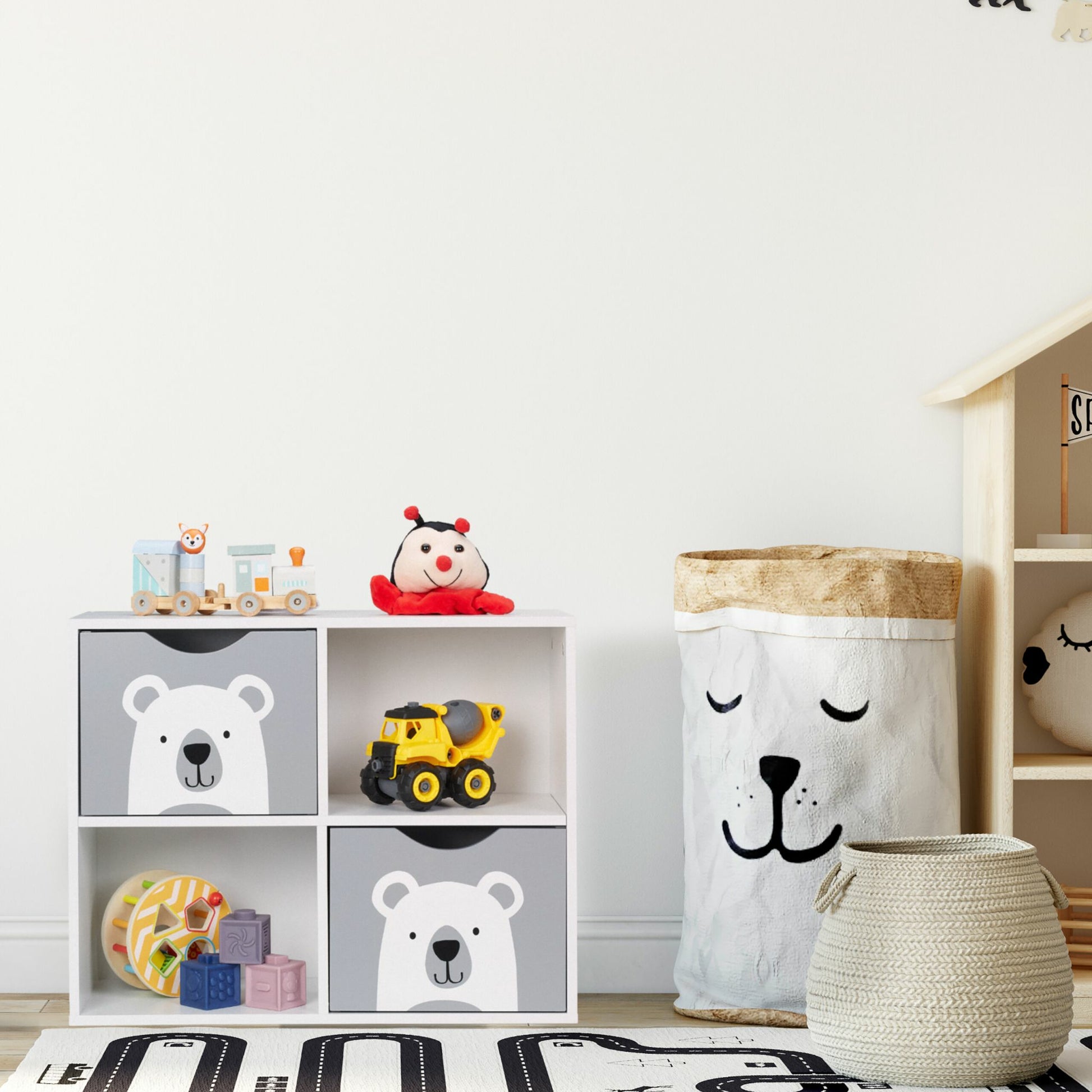 Relaxdays Freistehendes Büro-/Lagerregal, Kinderregal Bär – 4 Böden – 60 × 24,5 × 48 cm – Grau/Weiss – MDF