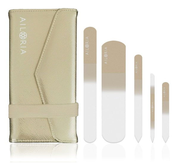 Ailoria Nagelfeilenset – 5 Stk, Glasfeilen – Gold – Kunstlederetui