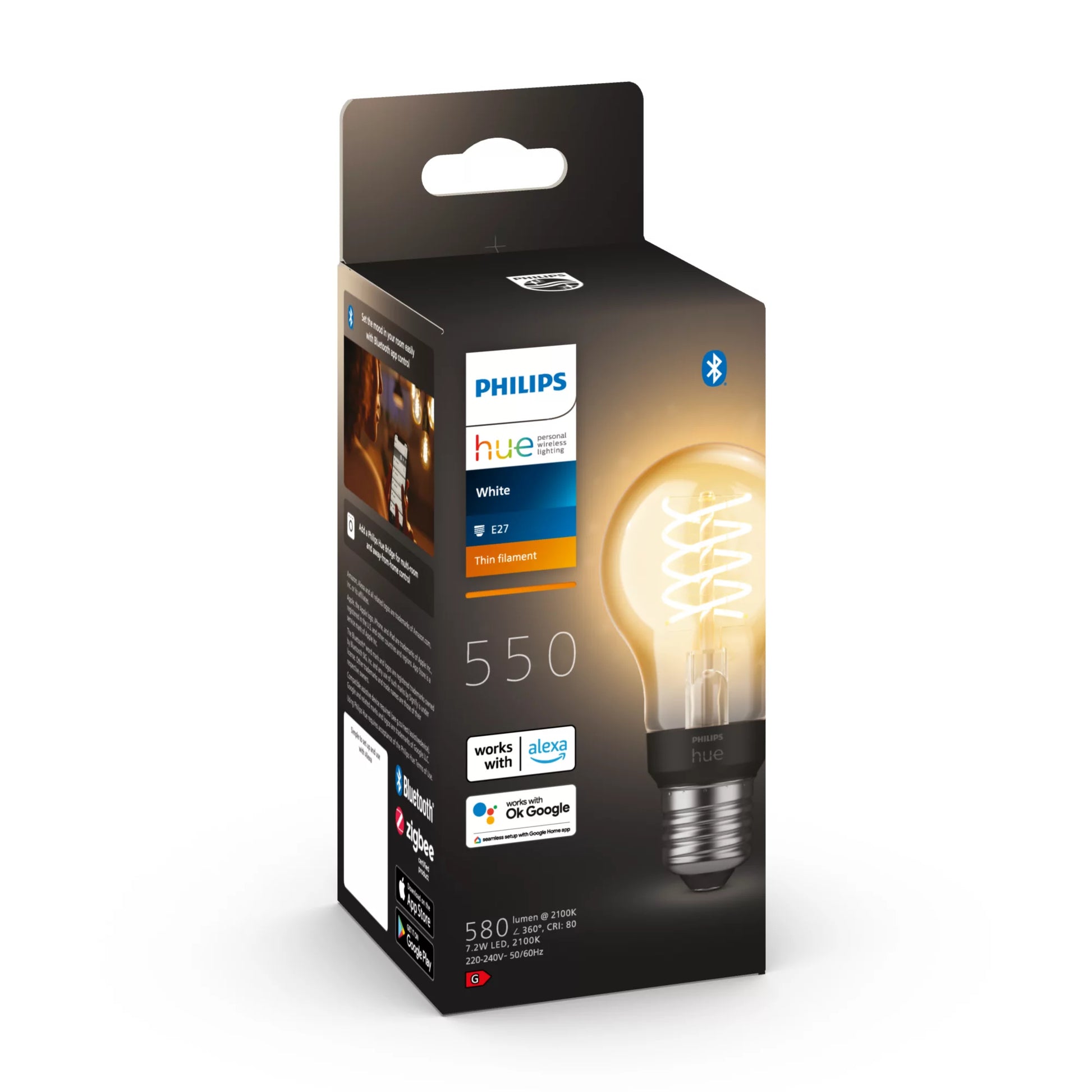 Philips by Signify Philips Hue Smart-Leuchtmittel Weiss – E27, 550 lm, 7,2 W, 2100 K, dimmbar, Bluetooth, für Alexa/HomeKit, weiss