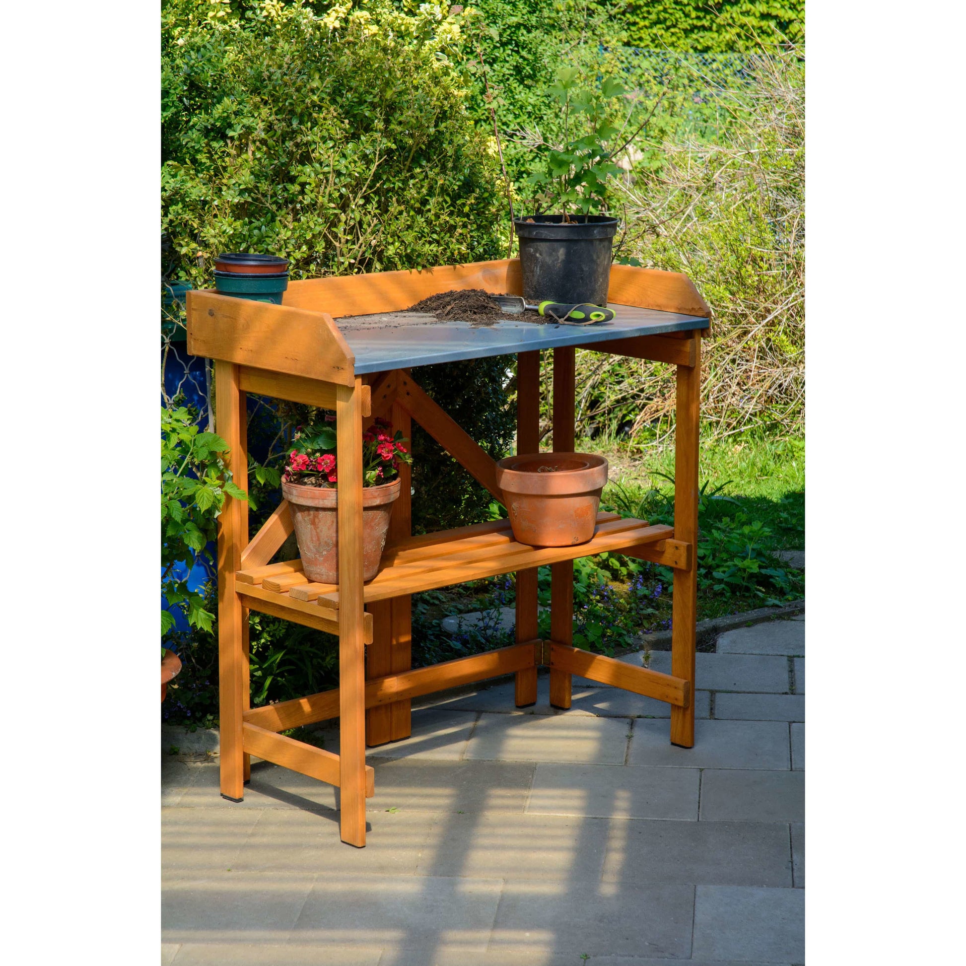 Dobar Faltbarer Pflanztisch (mit Ablage) – Kiefernholz – Braun – 850 × 890 × 440 mm