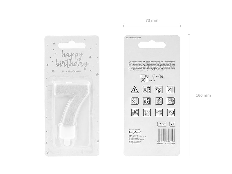 PartyDeco Geburtstagskerzen Zahl 7 – Silber – Ø 5 cm × 7 cm – 1 Stk