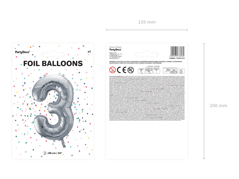 PartyDeco Folienballon Zahl 3 – Silber – 86 cm – Folie – 1 Stk