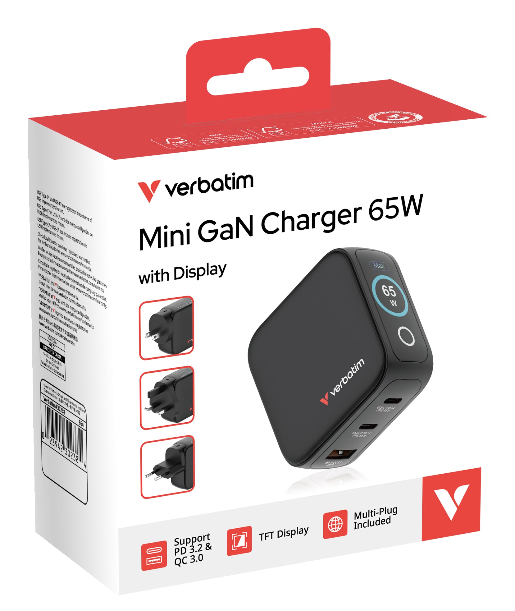 Verbatim 30238 USB-Ladegerät 65 W – USB-C×2, USB-A×1 – PD 3.0, PPS, QC 3.0 – GaN – EU/UK/US-Stecker – Schwarz