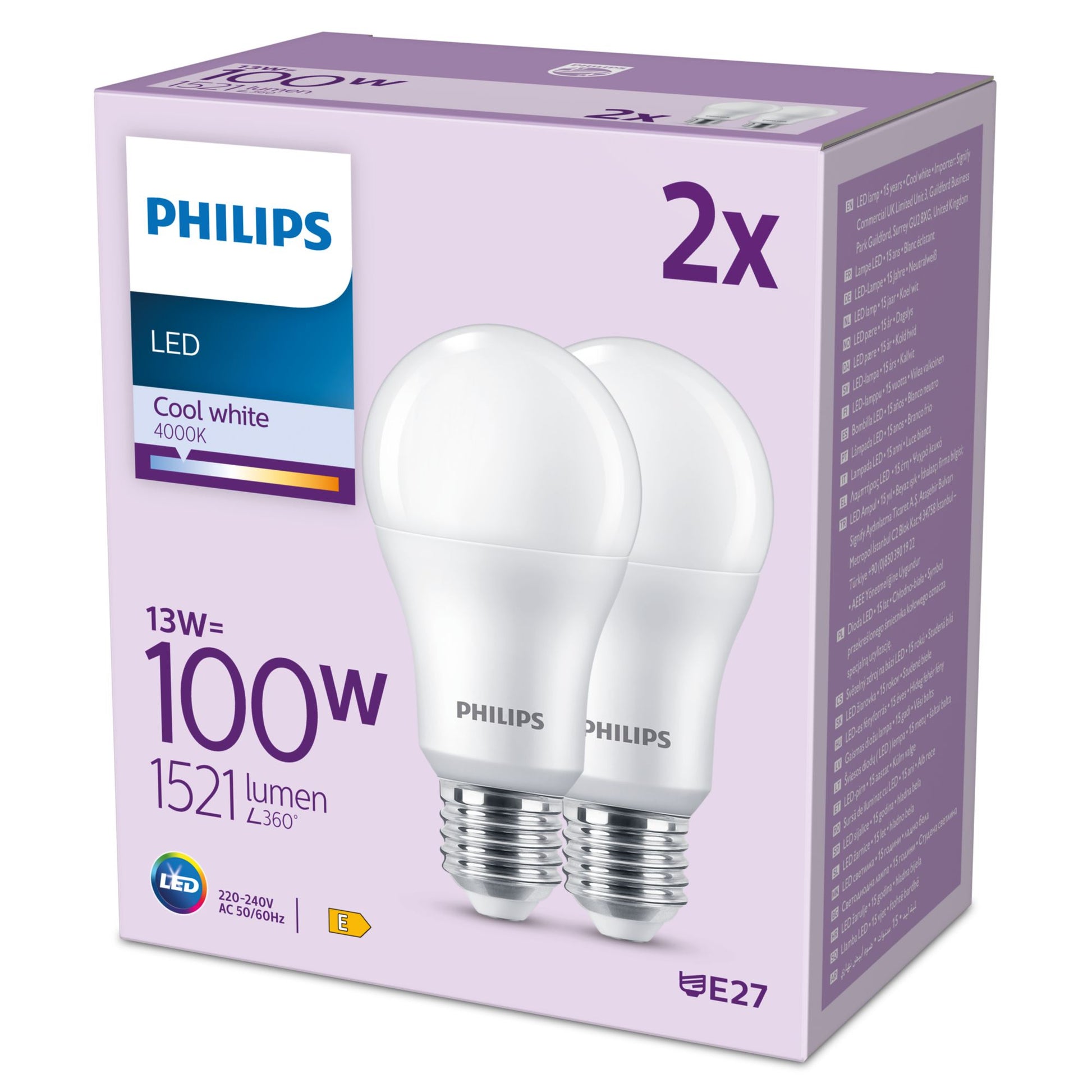 Philips by Signify Philips LED-Leuchtmittel E27 A-Form – Neutralweiss 4000 K, 1521 lm, 13 W – 2 Stk. – Weiss, Glas