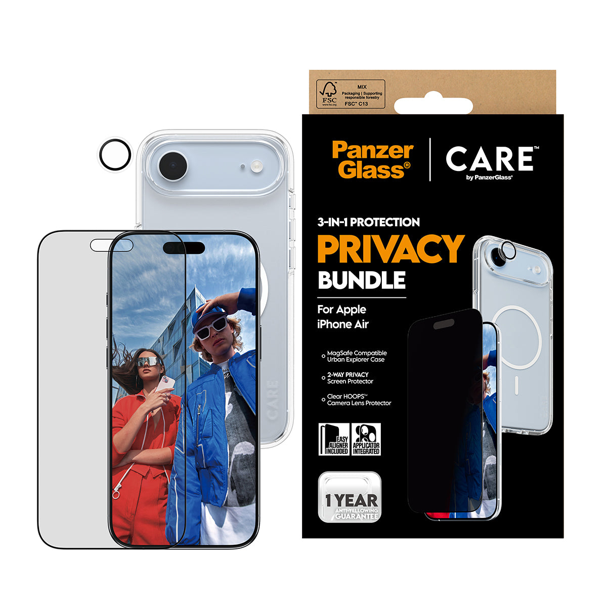 PanzerGlass Schutz-Set Privacy-Filter – für Apple iPhone Air, kratzresistent, stossfest, Hartglas, Folie