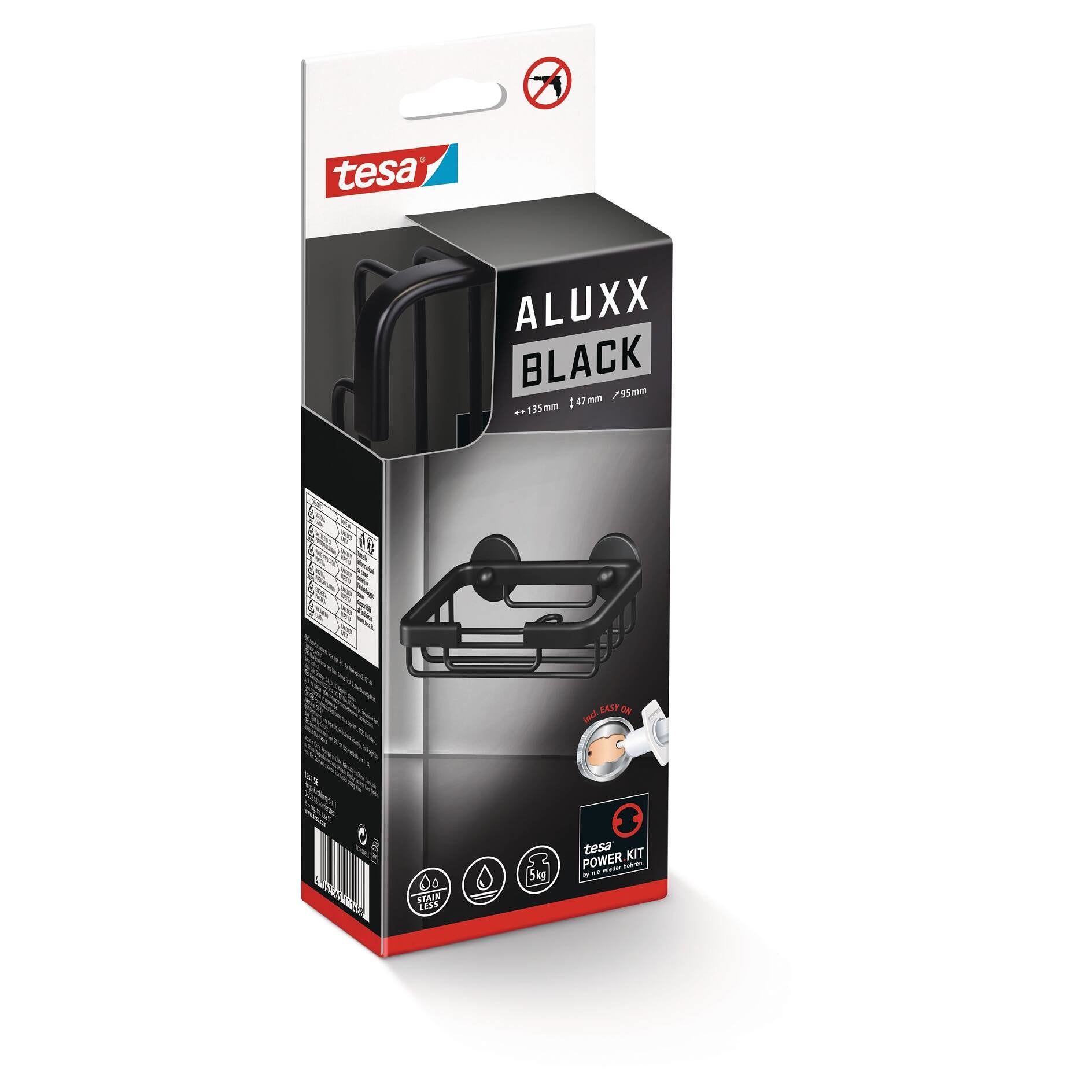 TESA Seifenhalter (Wand) ALUXX Black – 13,5×9,5×4,7 cm, Aluminium, Klebestreifen, Schwarz