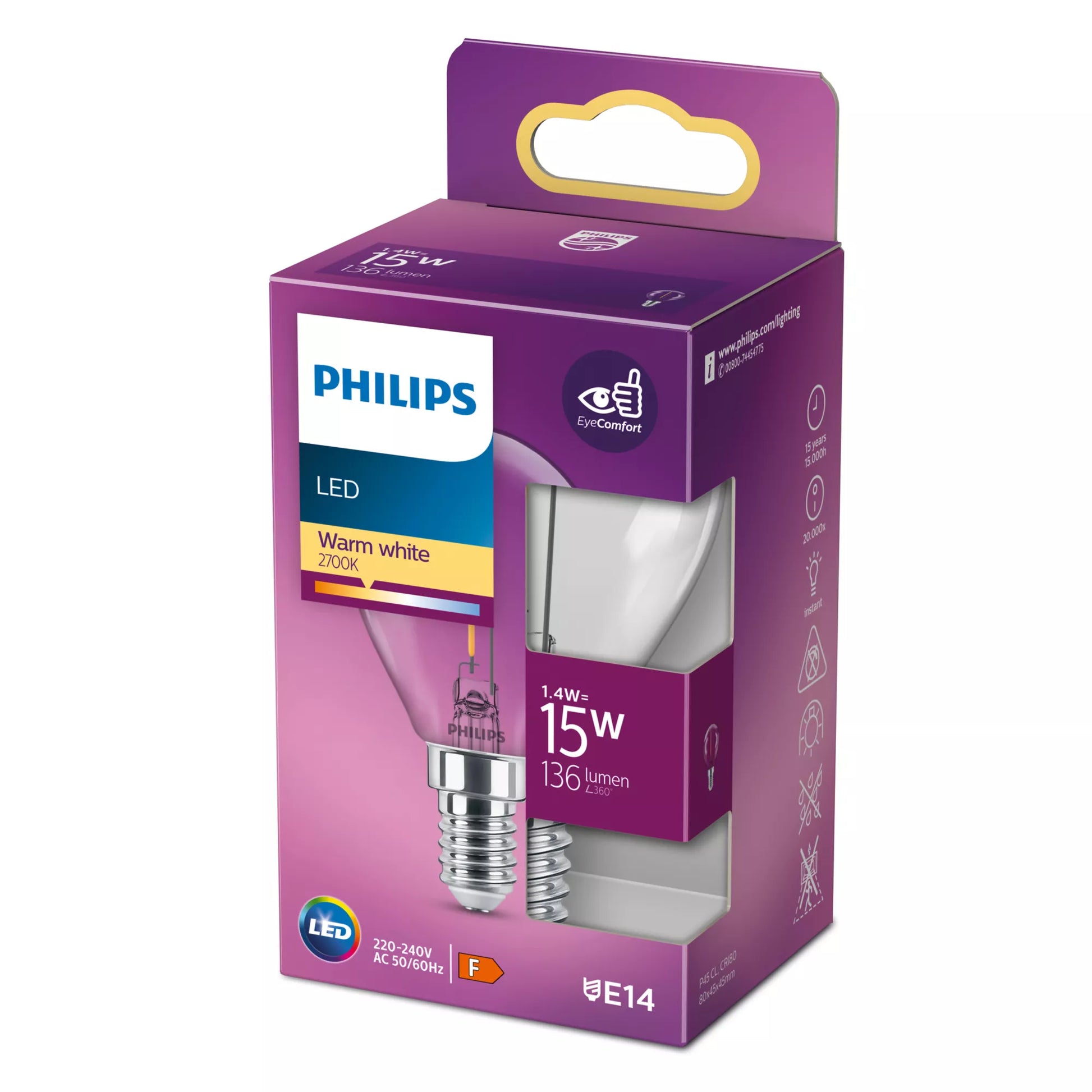 Philips by Signify Philips LED-Leuchtmittel E14 P45 – 136 lm, 1,4 W, Warmweiss 2700 K – IP20 – 1 Stk., Transparent, Glas