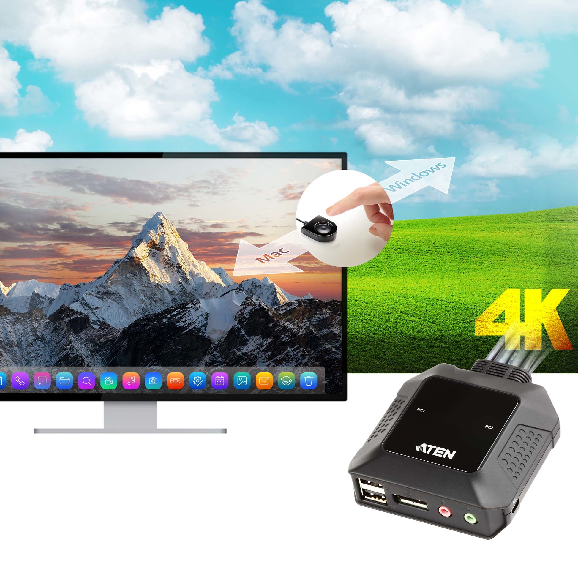 ATEN CS22DP – KVM-Switch – 2-Port, DP – 4096 × 2160 @ 30 Hz, Audio