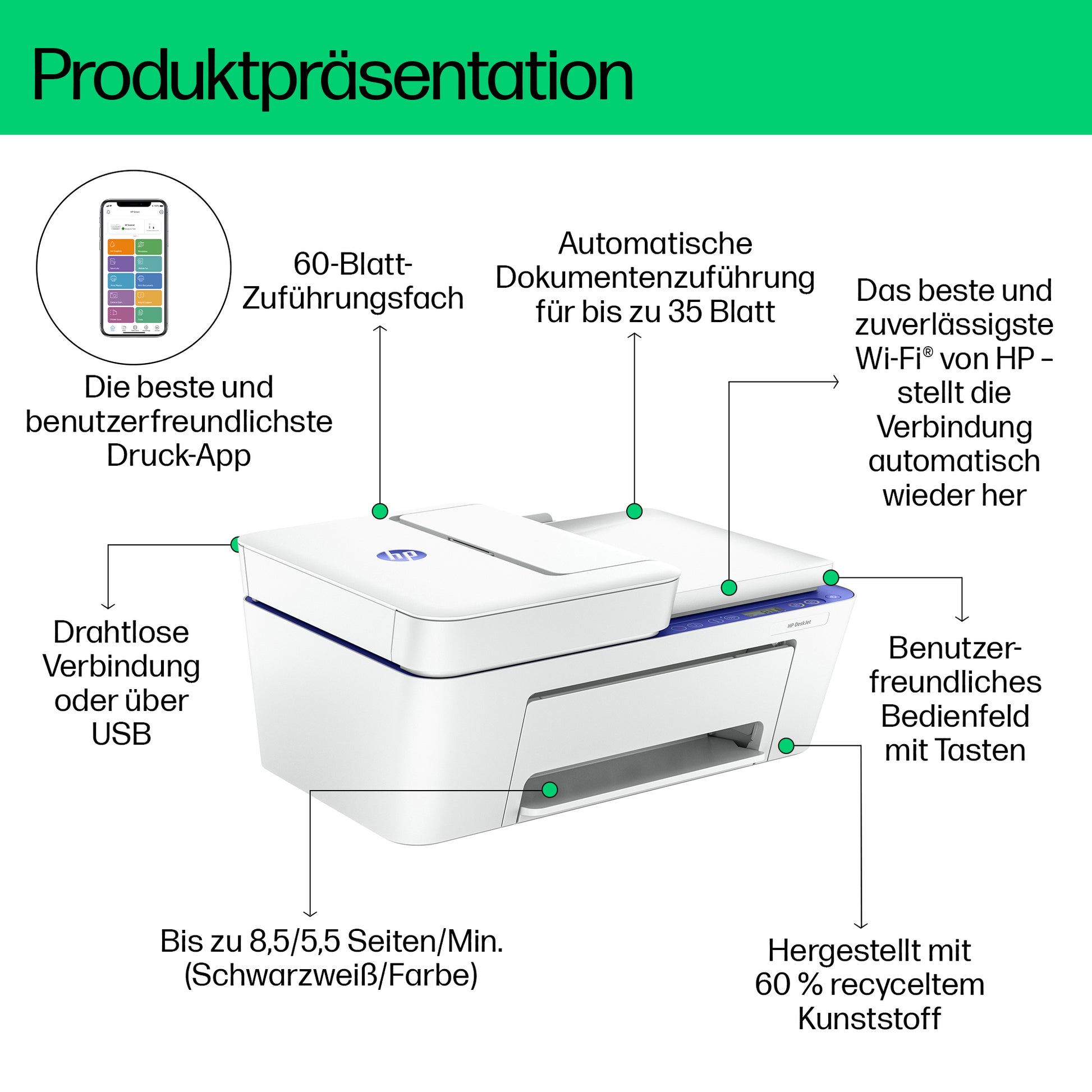 HP DeskJet 4210e – Farbtintenstrahl-Multifunktionsdrucker, A4, 3-in-1, Duplex, ADF, WLAN, AirPrint, Mopria