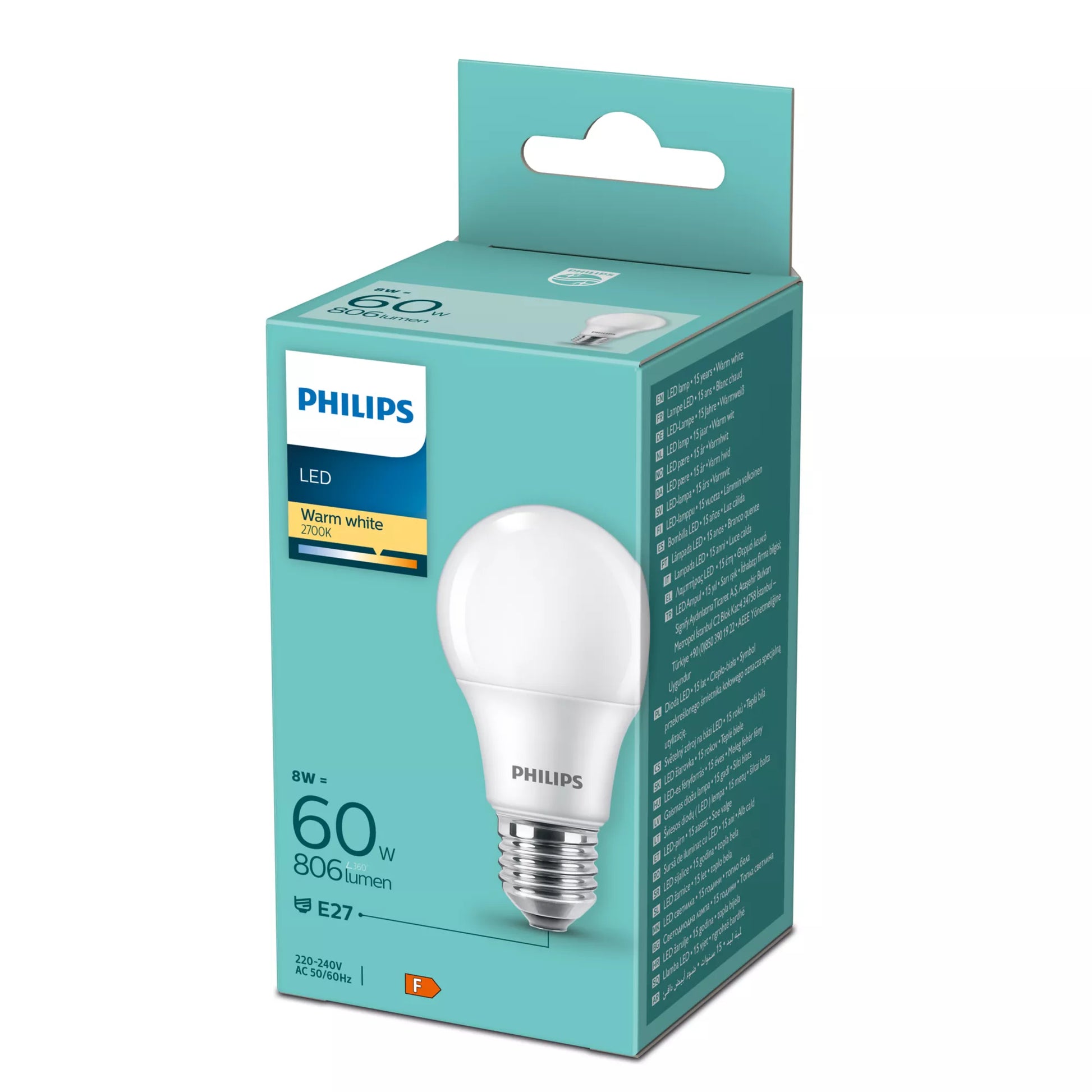Philips by Signify Philips LED-Leuchtmittel E27 A-Form – Warmweiss 2700 K, 806 lm, 8 W – 1 Stk. – Weiss