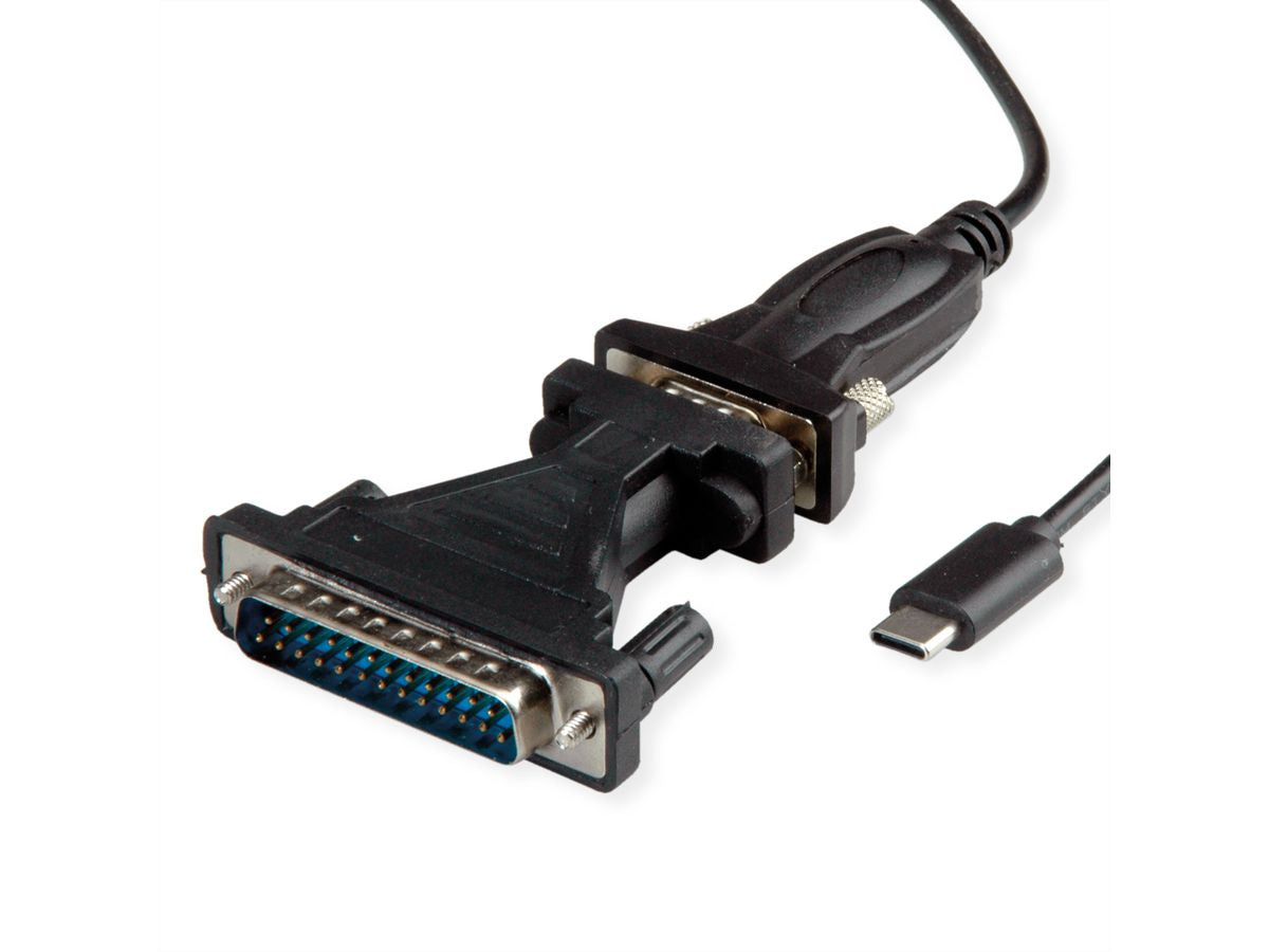 VALUE USB Seriell Konverter USB-C zu RS232 (DB9/DB25) – 1,8 m, USB 2.0/1.1 – Schwarz