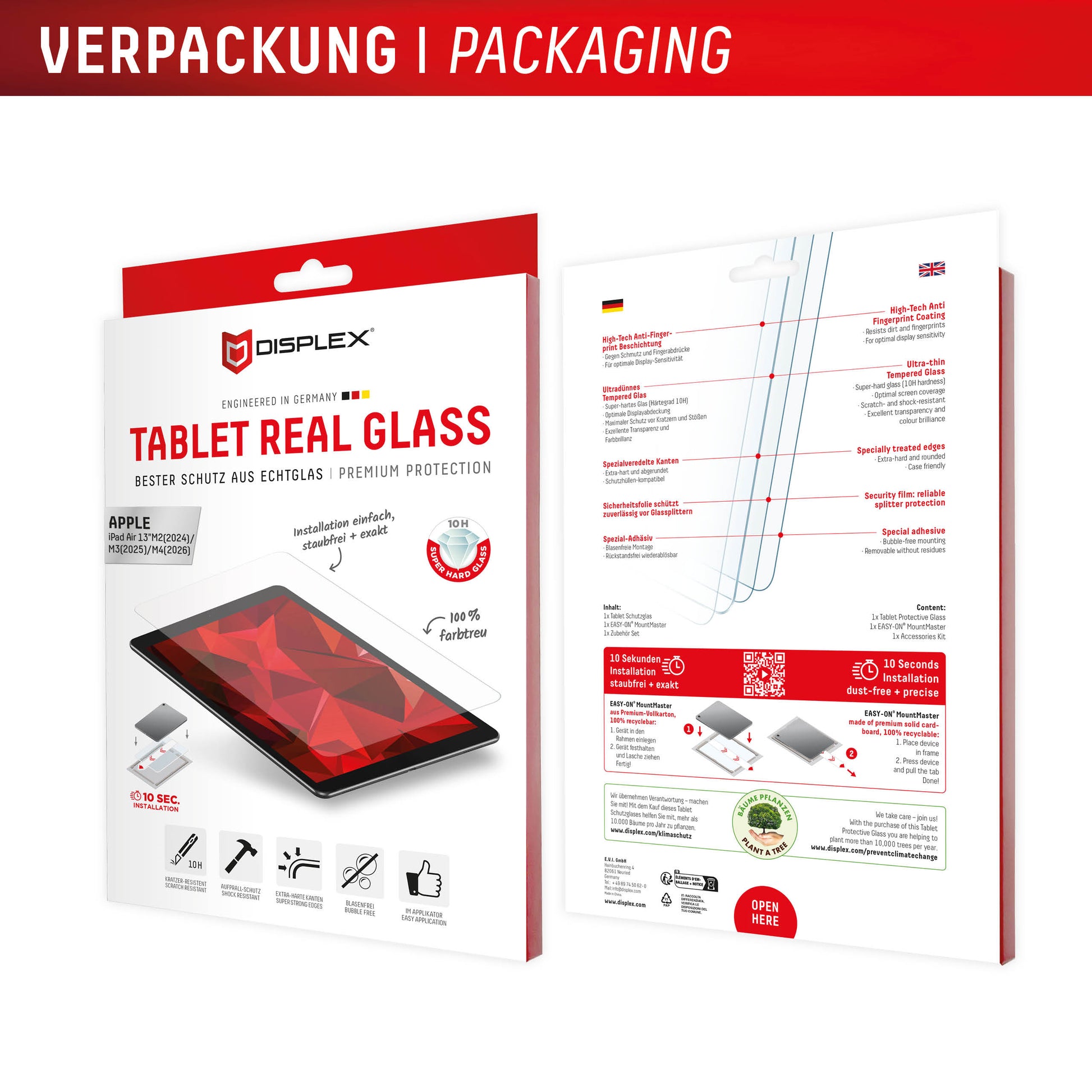 Displex Tablet Real Glass – Displayschutzfolie, Gehärtetes Glas, 10H, für iPad Air 13" (2024/2025/2026)