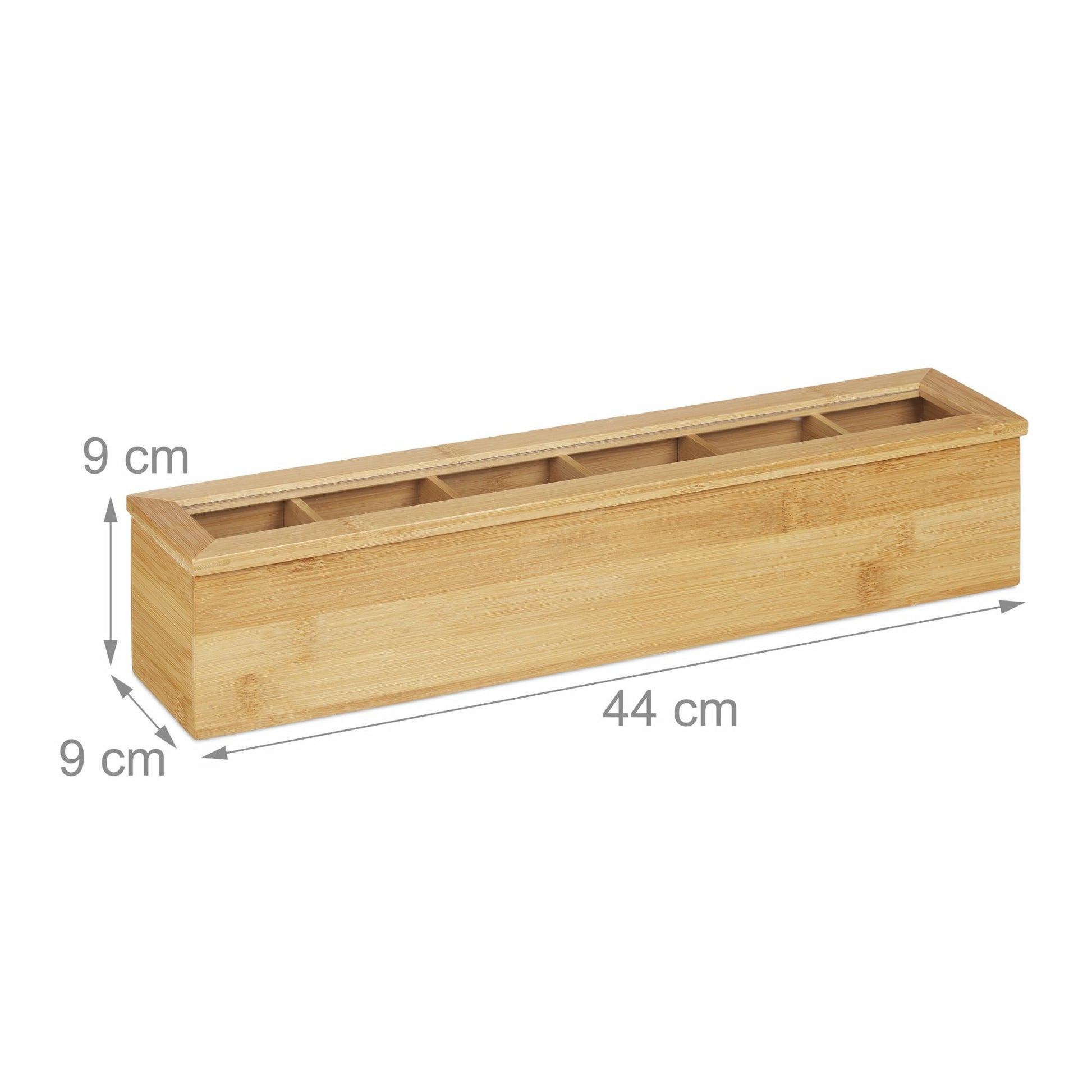Relaxdays Teebeutelbox Bambus/Kunststoff, 6 Fächer, 44 × 9 × 9 cm, Braun