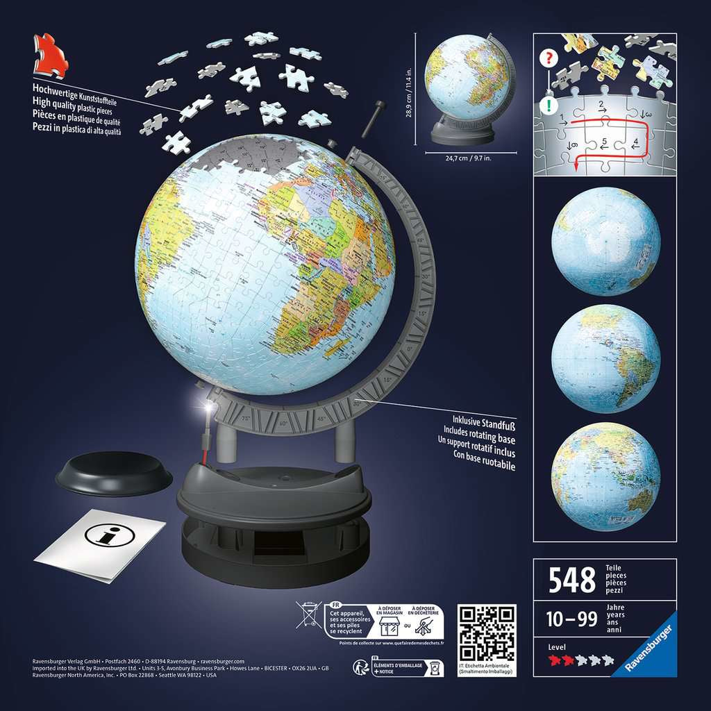 Ravensburger 3D Puzzle – Globus mit LED-Licht, 548 Teile, ab 10 Jahren, Mehrsprachig (d/f/i/e)