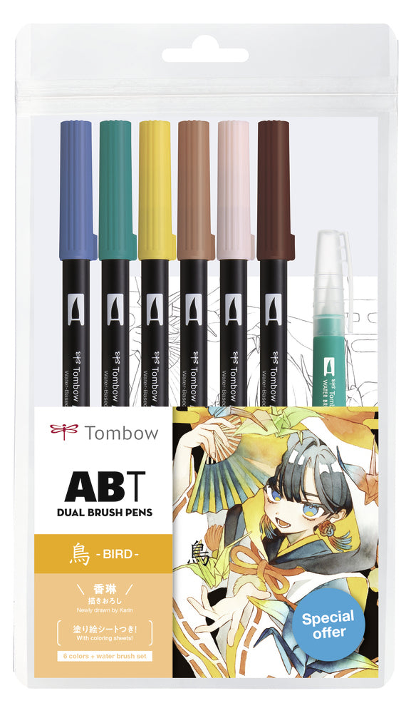 Tombow ABT Dual Brush, Manga Bird – Doppelspitze, Pinselspitze, wasservermalbar, 6 Farben