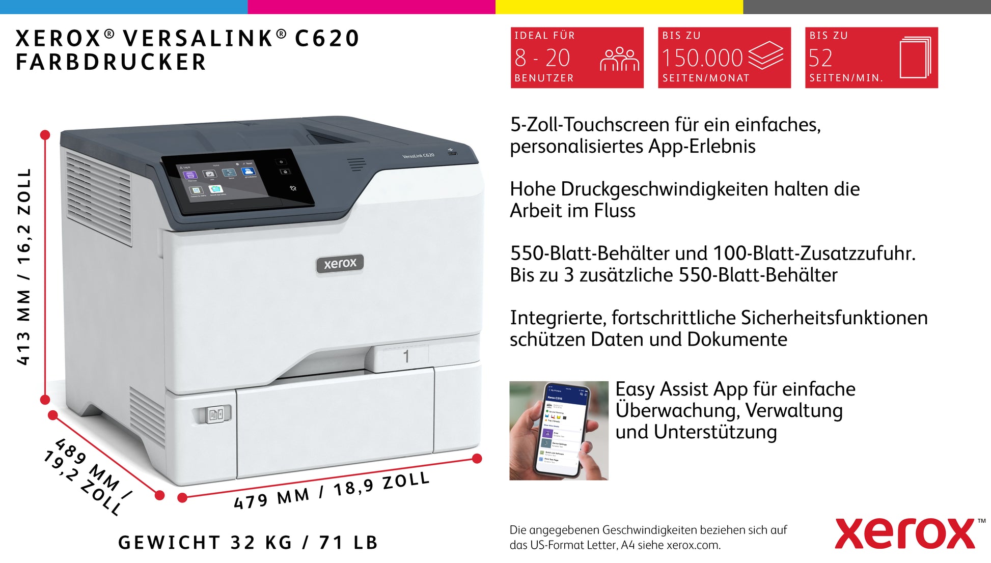 Xerox VersaLink C620 – Farbe, A4, Duplex, LAN, USB, 52 ppm, AirPrint, Mopria