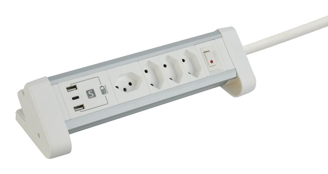 M. Schönenberger 85.861.4A – Tischsteckdosenleiste, 4× T13, 2× USB-A + 1× USB-C, 2 m, Stecker T12