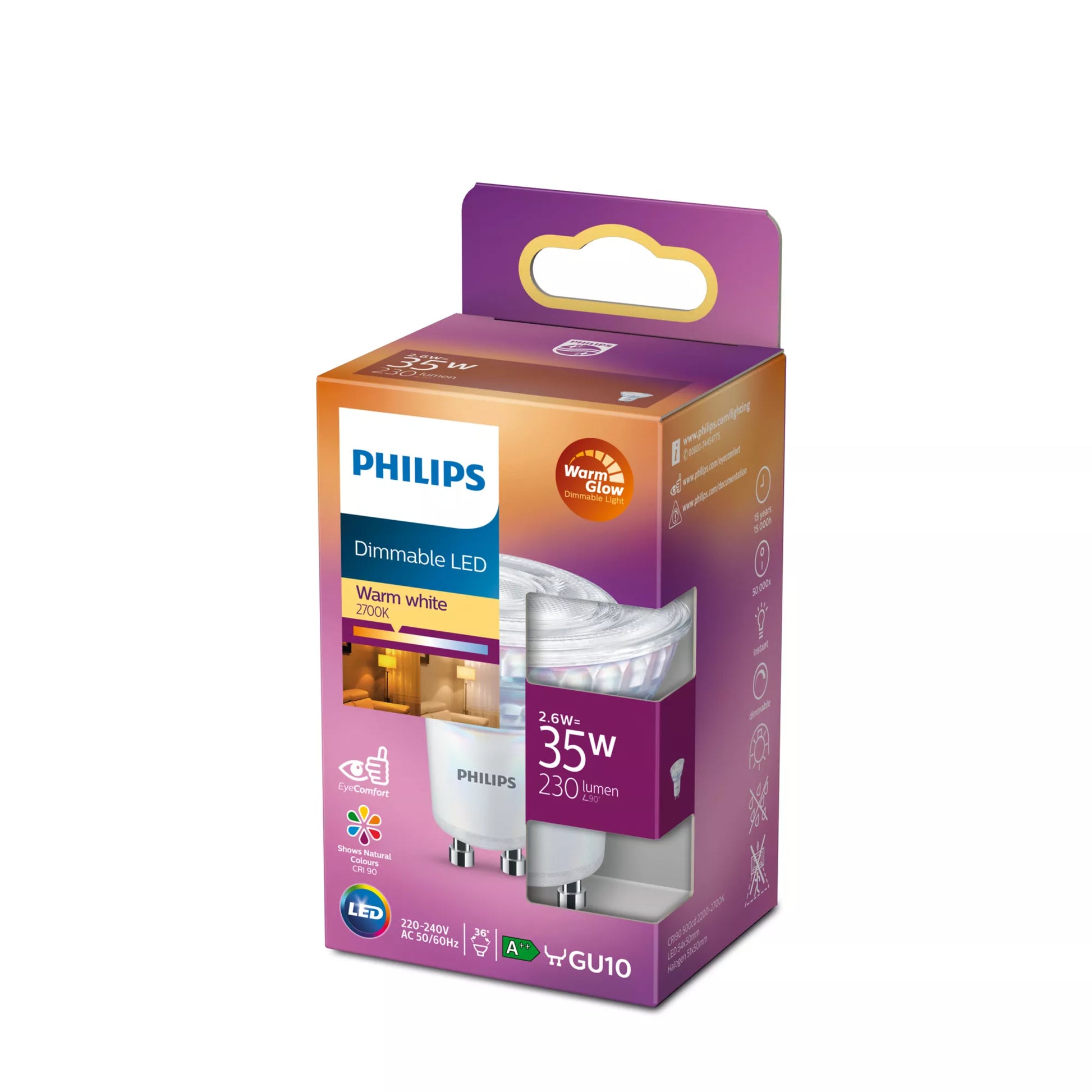 Philips by Signify Philips LED-Leuchtmittel GU10 Reflektor – 230 lm, 2,6 W, Warmweiss 2200–2700 K, 36° – Klar – 1 Stk.