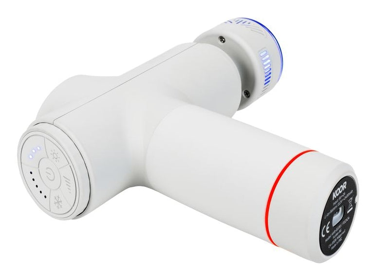 KOOR Massagepistole – Perkussionsmassage, 5 Stufen, mit Wärmefunktion – Weiss, 5 Köpfe – USB, 8 h Laufzeit