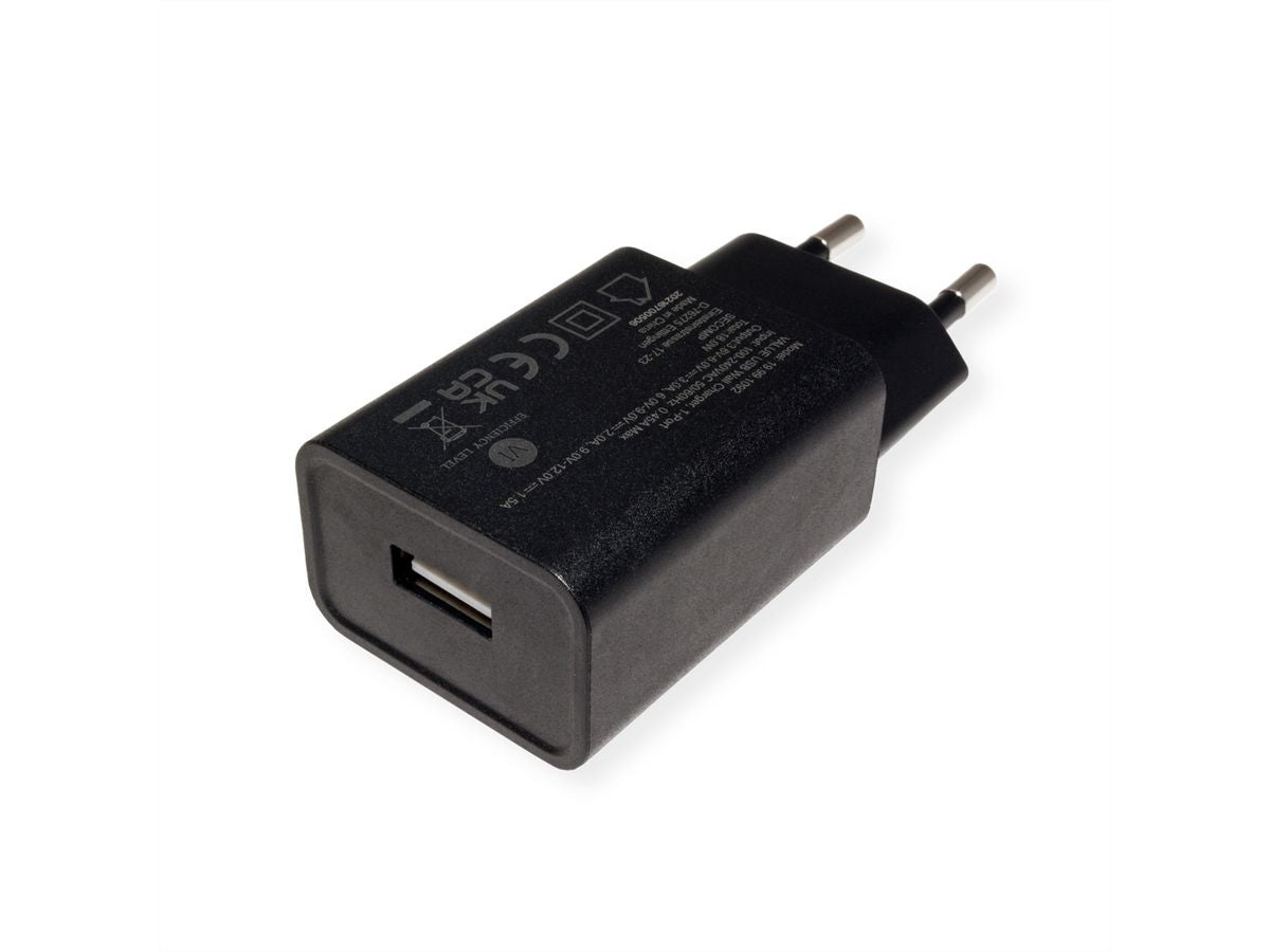 VALUE USB-Ladegerät 18 W – USB-A×1 – QC 3.0, EU-Stecker (Typ C) – für Smartphone, Tablet – Schwarz