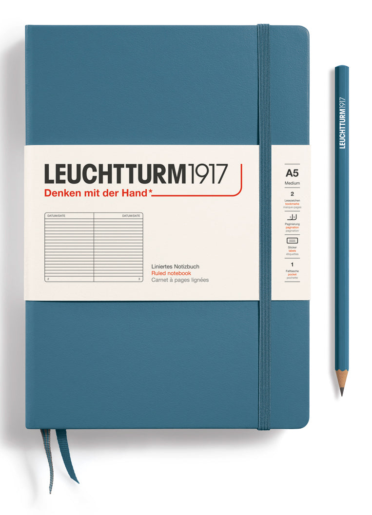Leuchtturm Notizbuch – A5 – Liniert 5 mm – 251 Seiten – 80 g/m² – Hardcover, Gummiband, Tasche, Blau, FSC