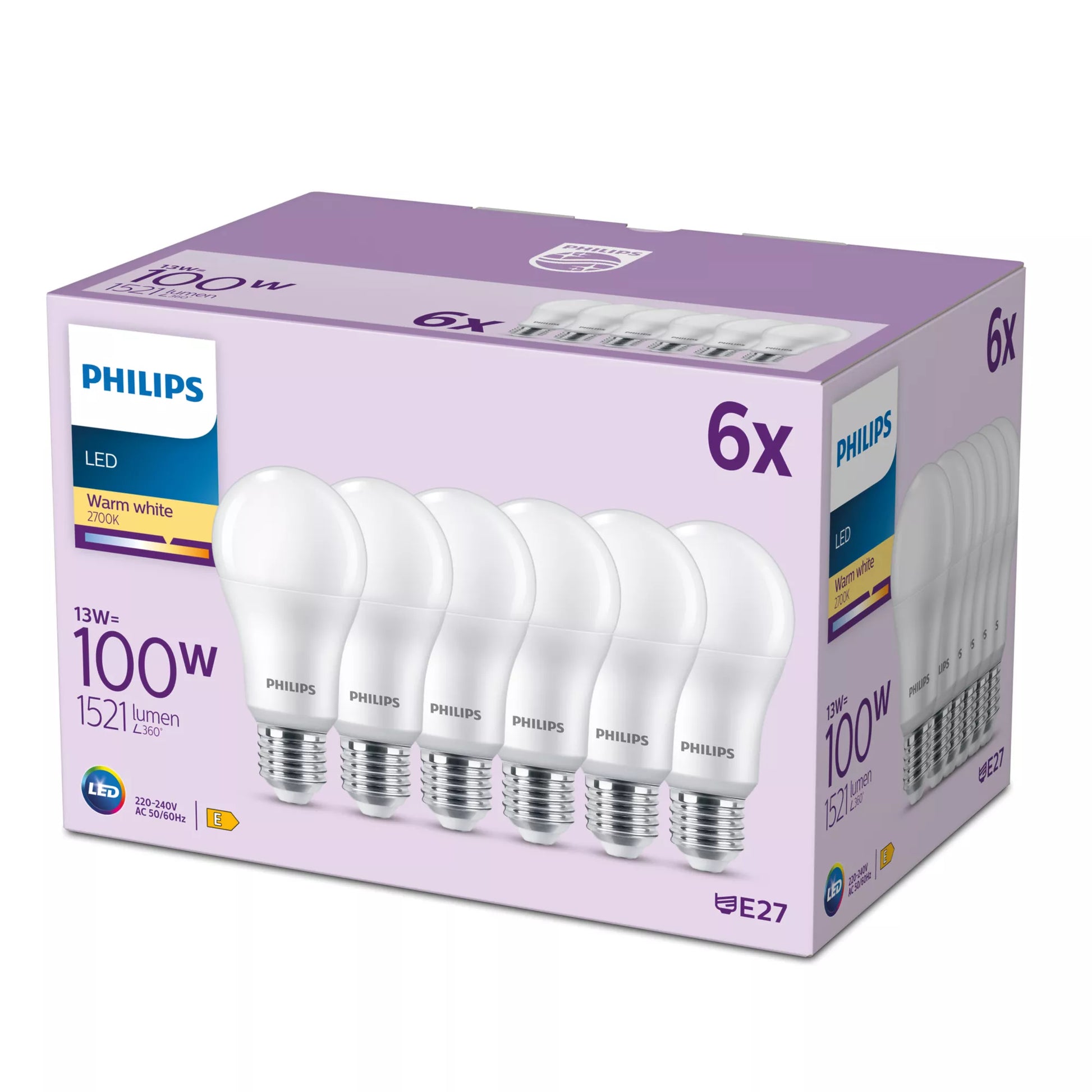Philips by Signify Philips LED-Leuchtmittel E27 A-Form – 1521 lm, 13 W, Warmweiss 2700 K, 150° – 6 Stk., Weiss, Kunststoff