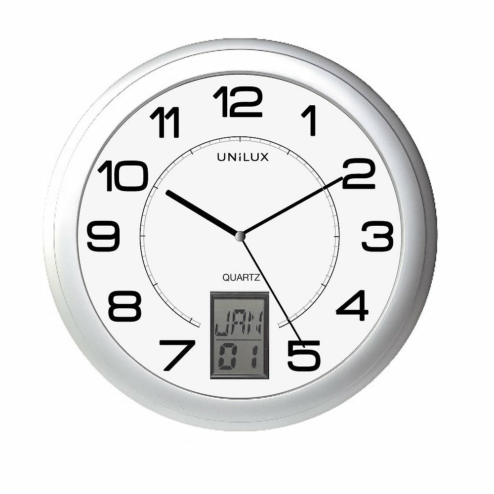 Unilux Wanduhr Instinct – Ø 30,5 cm, metallgrau, Kunststoff, Thermometer, Datum