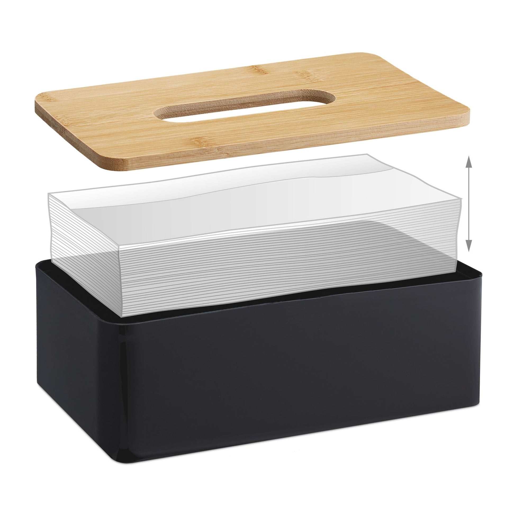 Relaxdays Kosmetiktuchbox – Tisch, Bambus/Polypropylen (PP), 14×26×10 cm, Schwarz/Natur