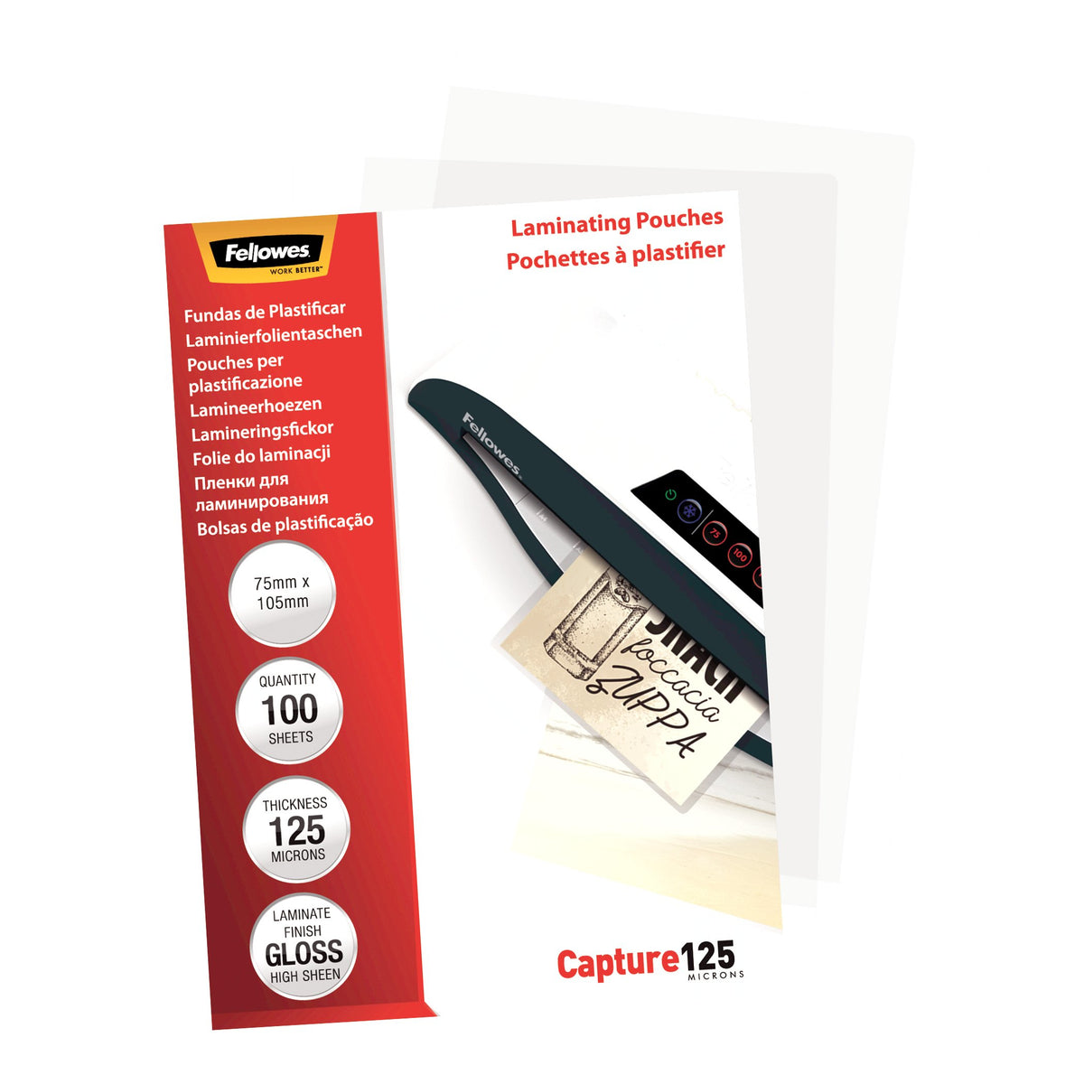 Fellowes Laminierfolien 75 × 105 mm, glänzend – 250 µm, 100 Stk.