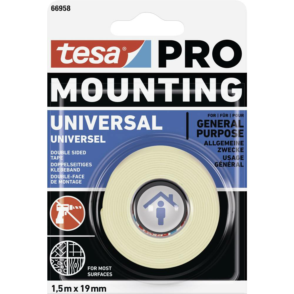 TESA Montageband – 19 mm × 1,5 m, für Metall/PVC/Holz, weiss, Innen & Aussen