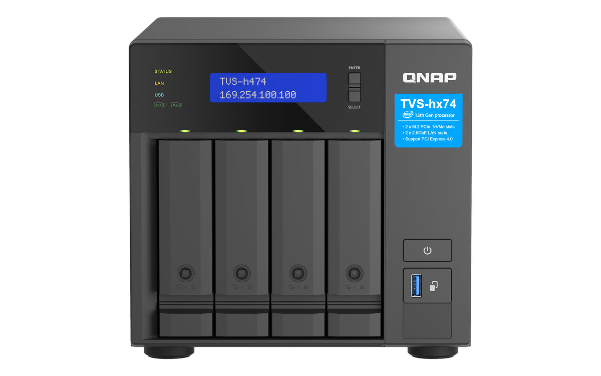 QNAP TVS-H474 – 4-Bay Tower NAS – Intel Pentium G7400, 8 GB RAM, 10GbE, QuTS hero