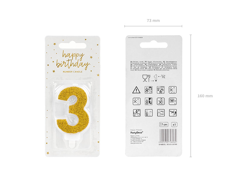 PartyDeco Geburtstagskerzen Zahl 3 – Gold – 7 cm – 1 Stück