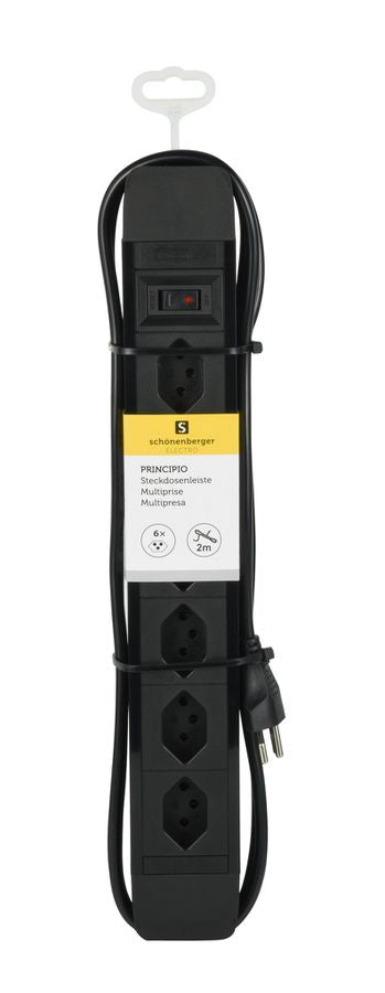 M. Schönenberger Schönenberger PRIME-LINE Steckdosenleiste, 6×T13, mit beleuchtetem Schalter, 2 m, Eingang T12, IP20 – schwarz