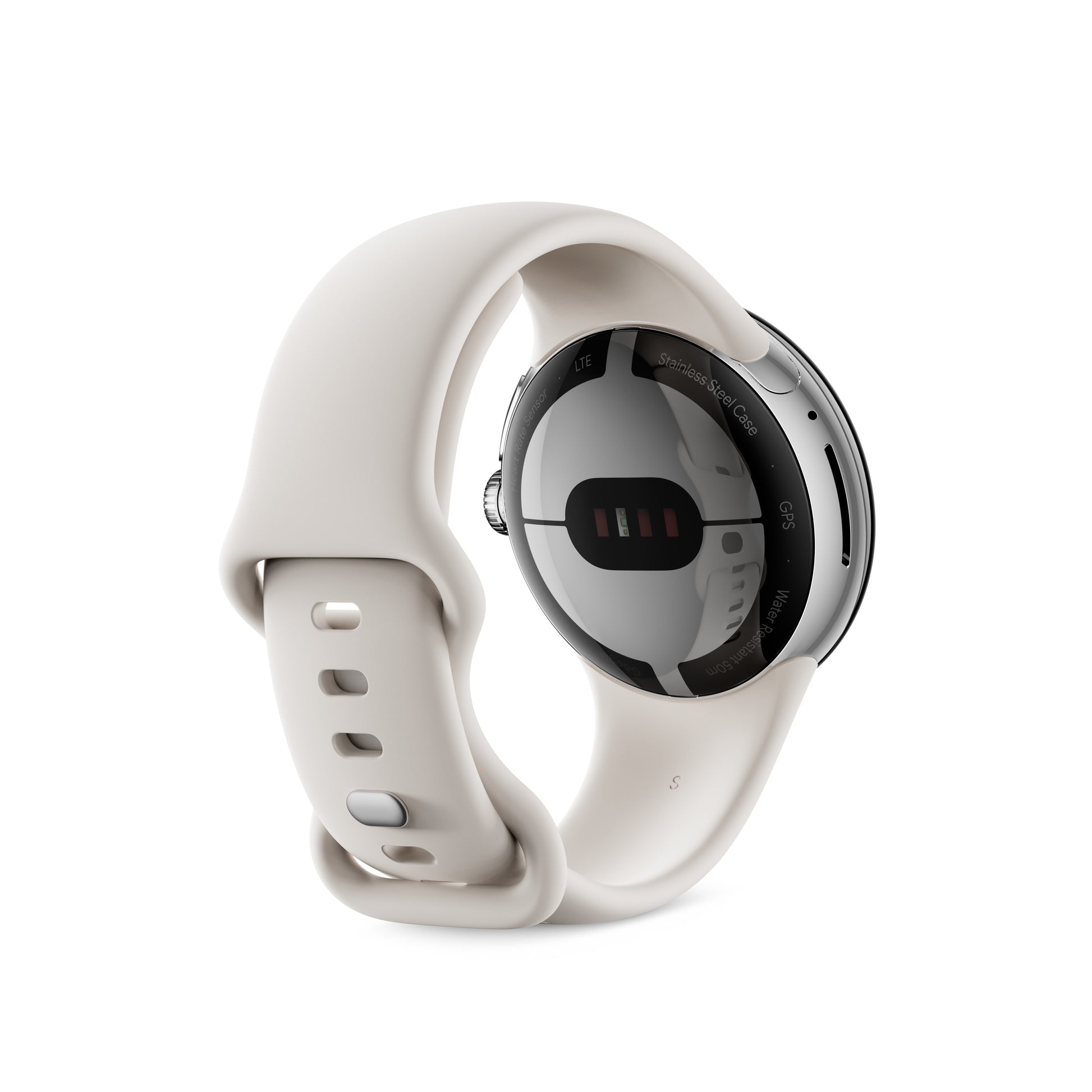Google Pixel Watch 41 mm GPS – Edelstahl Silber, Sportarmband Kreide, S/L, 50 m, für Android