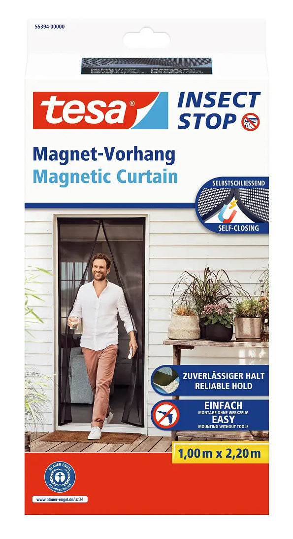 TESA Fliegengitter Tür – 100 × 220 cm – Schwarz – Polyester – Magnetbefestigung – Für Türen