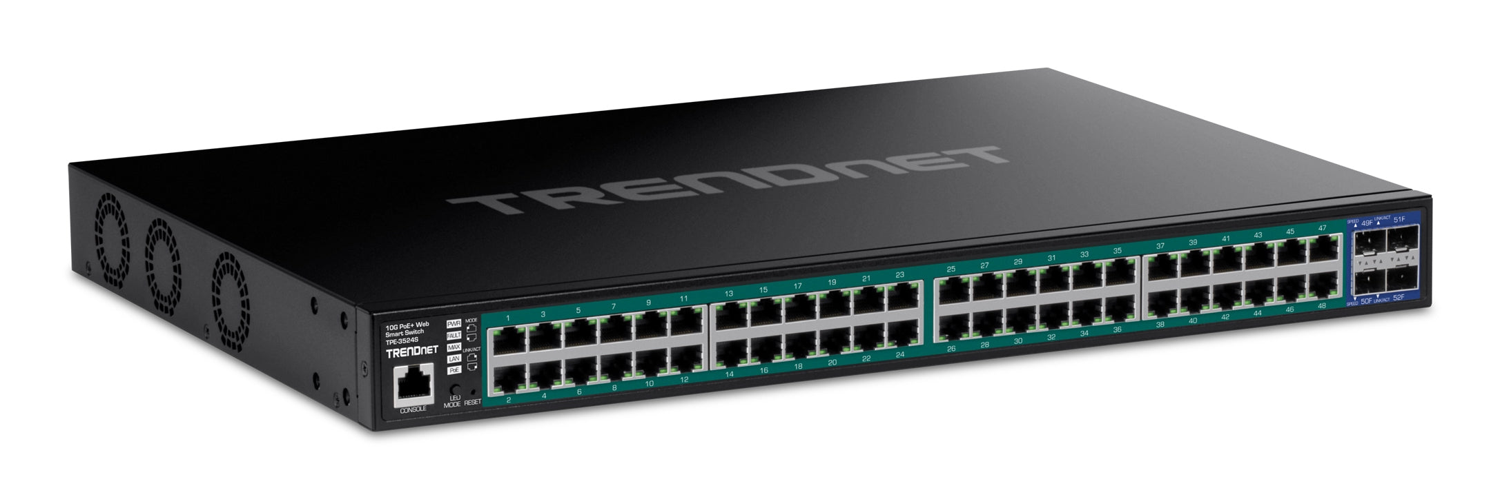 TRENDnet TPE-3524S – Managed Switch – 48×GbE, 4×SFP+, L2+/L3, PoE+ 410 W, 1U