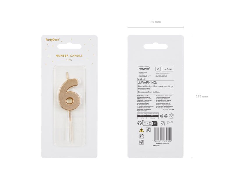 PartyDeco Geburtstagskerzen Zahl 6 – Gold – 5 cm – 1 Stk