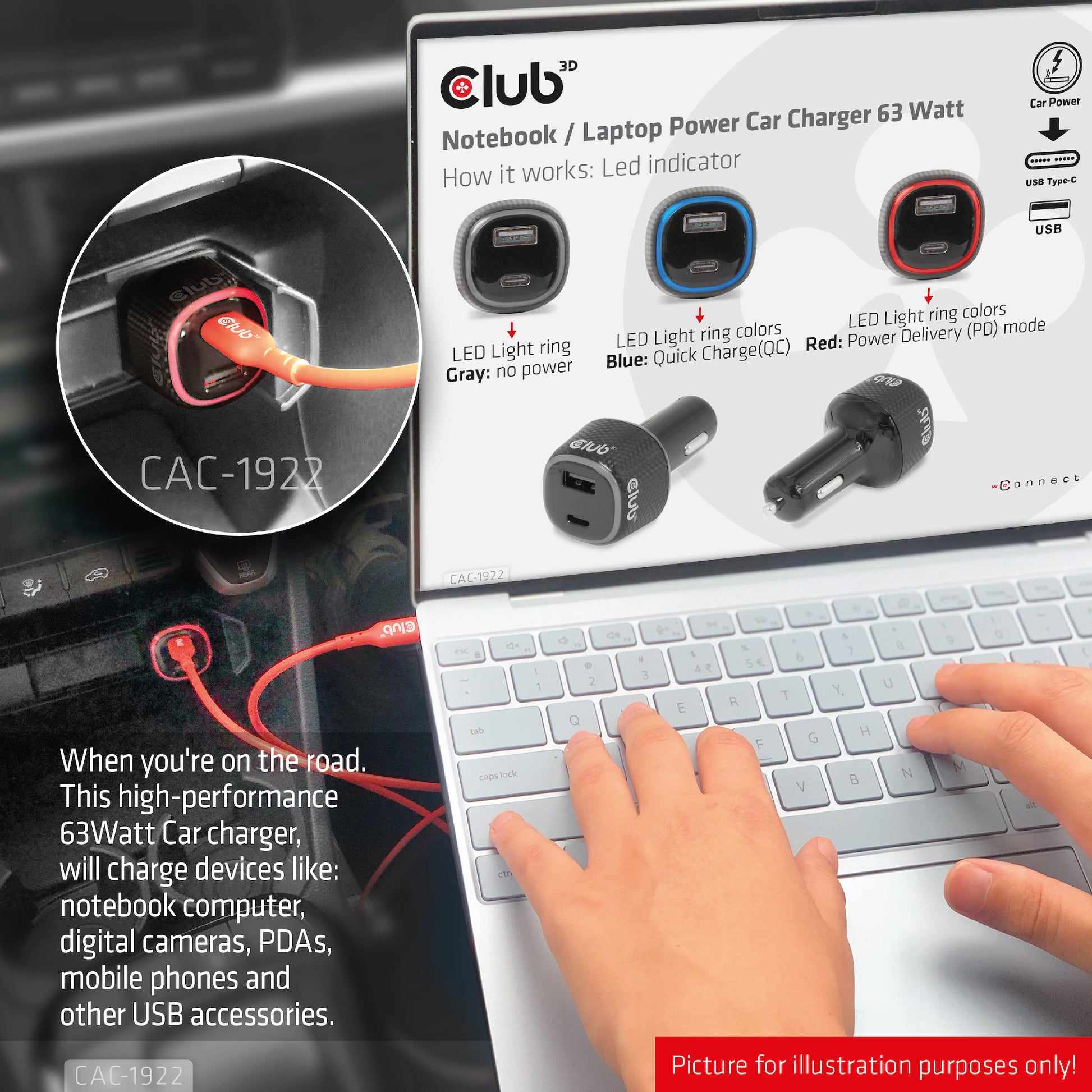 CLUB3D Club 3D CAC-1922 Auto-Ladegerät 63 W – USB-C×1, USB-A×1 – für 12–24 V Bordnetz