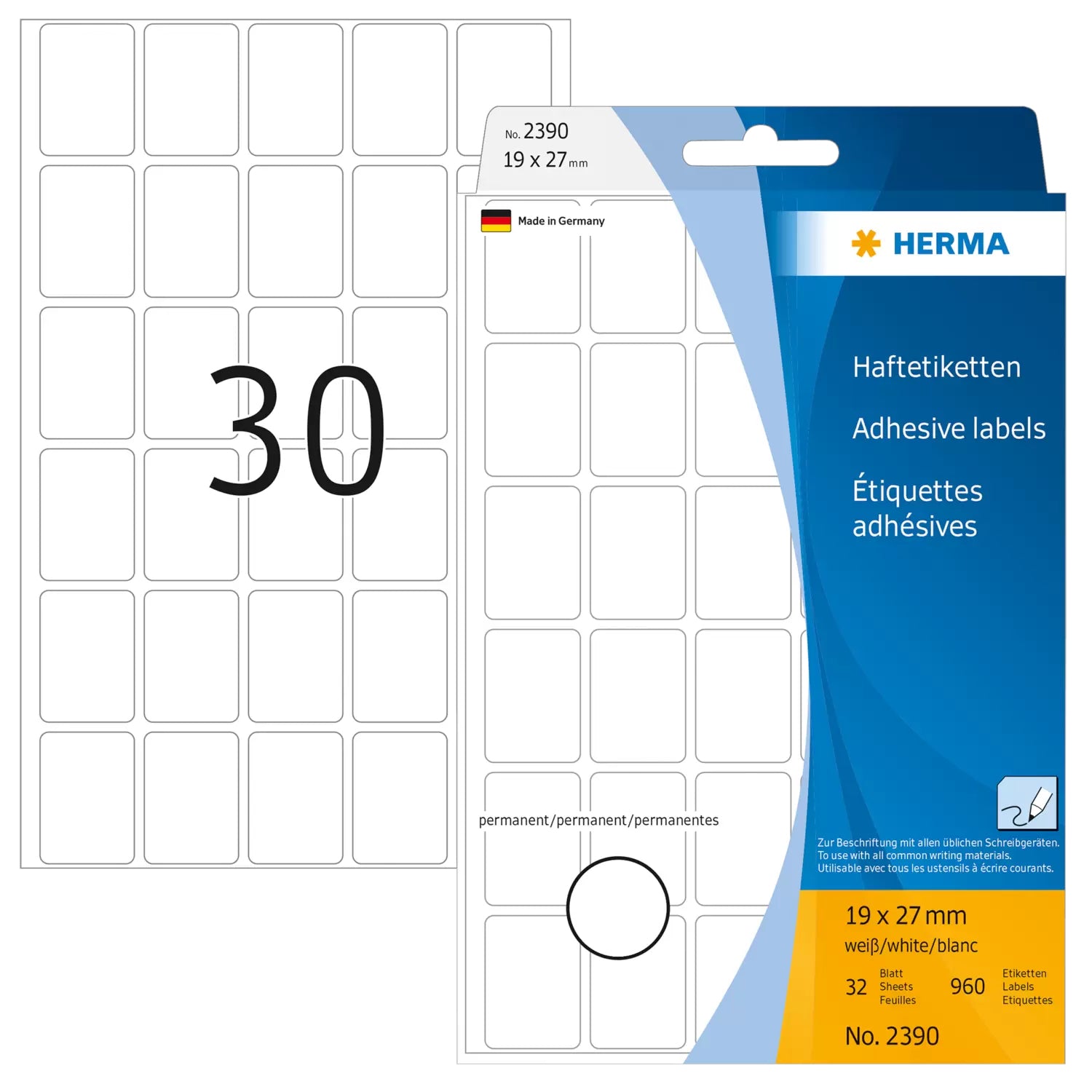 HERMA Schuletiketten – 19 × 27 mm, Abgerundete Ecken, 960 Stk, 32 Bogen, Papier, Permanent Haftend