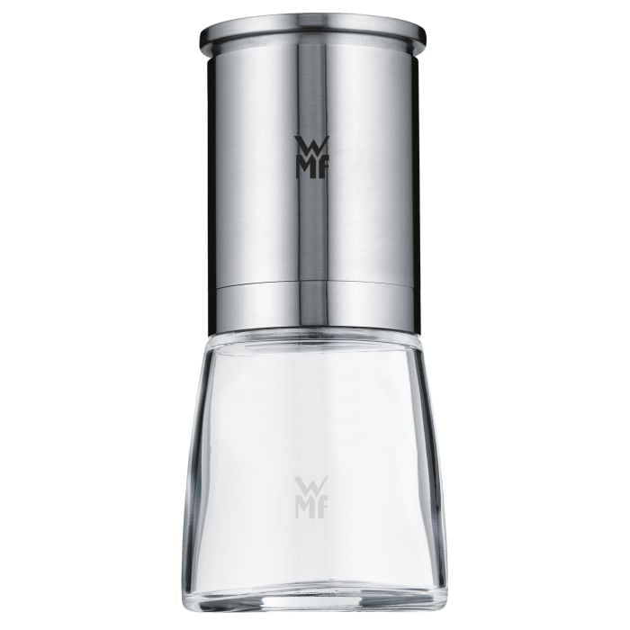 WMF Gewürzmühle De Luxe – einstellbarer Mahlgrad, Keramikmahlwerk – Edelstahl & Glas, Silber – 14 cm