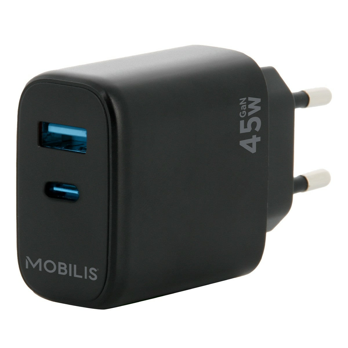 Mobilis Netzteil – 45 W, 1× USB-A + 1× USB-C, GaN