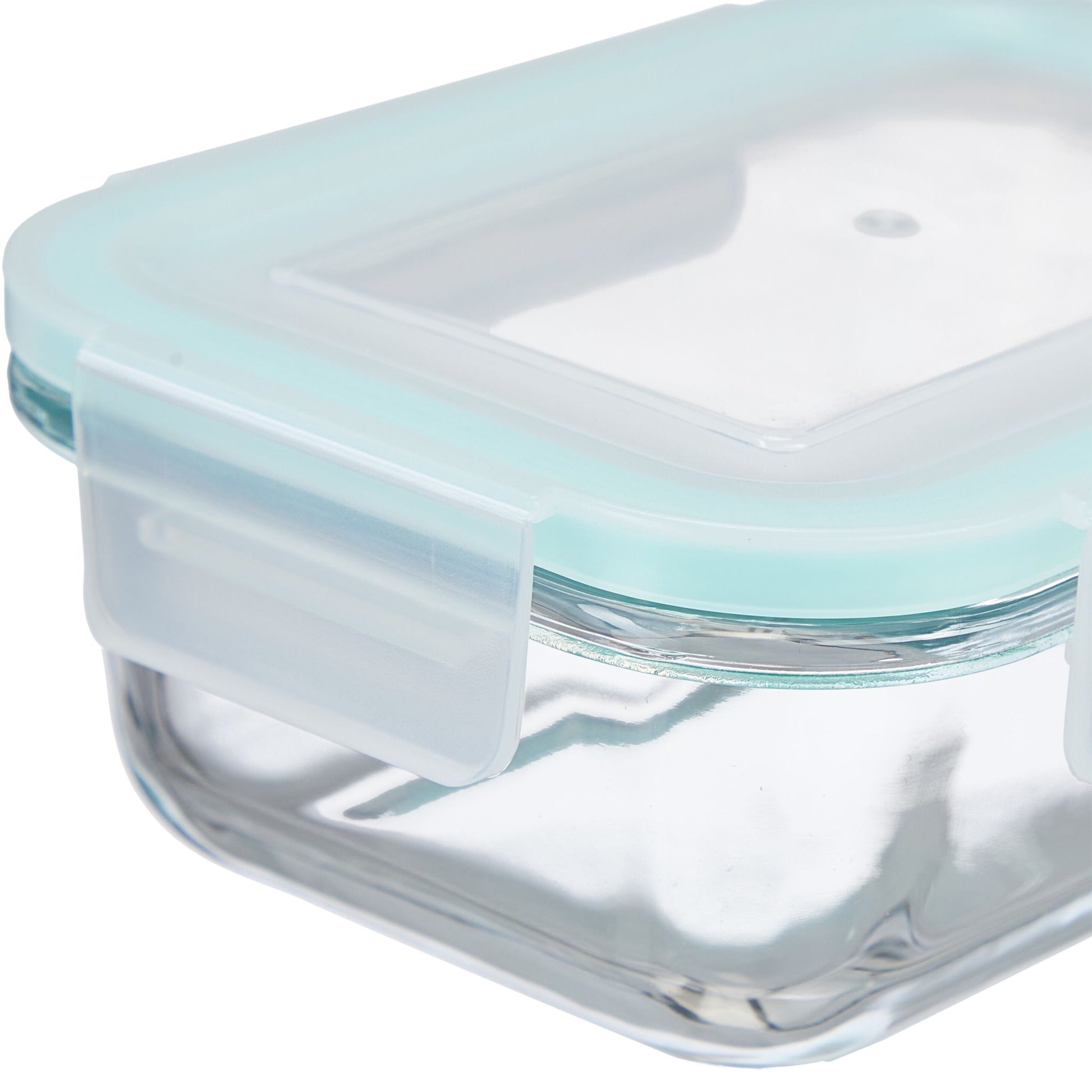 Relaxdays Vorratsdose 370 ml, 15,5 × 11 × 6 cm, Glas/Polypropylen (PP)/Silikon, transparent/türkis/weiss