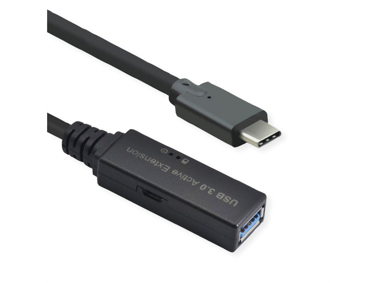 ROLINE USB-C Verlängerungskabel (Stecker auf Buchse) – USB 3.2 Gen 1 (5 Gbit/s) – 15 m – Aktiv – Schwarz