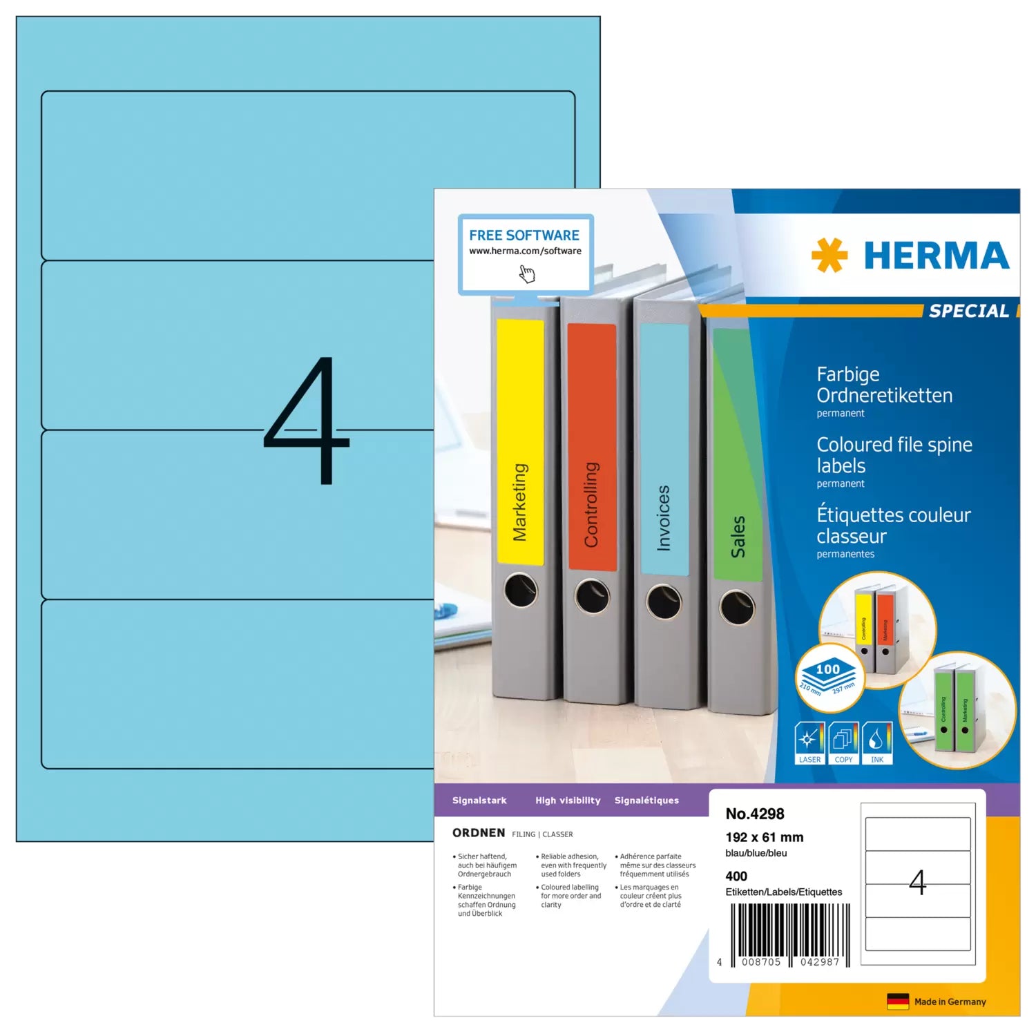 HERMA Ordnerrücken-Etiketten – 192 × 61 mm, blau, A4, 100 Blatt (400 Stk.)