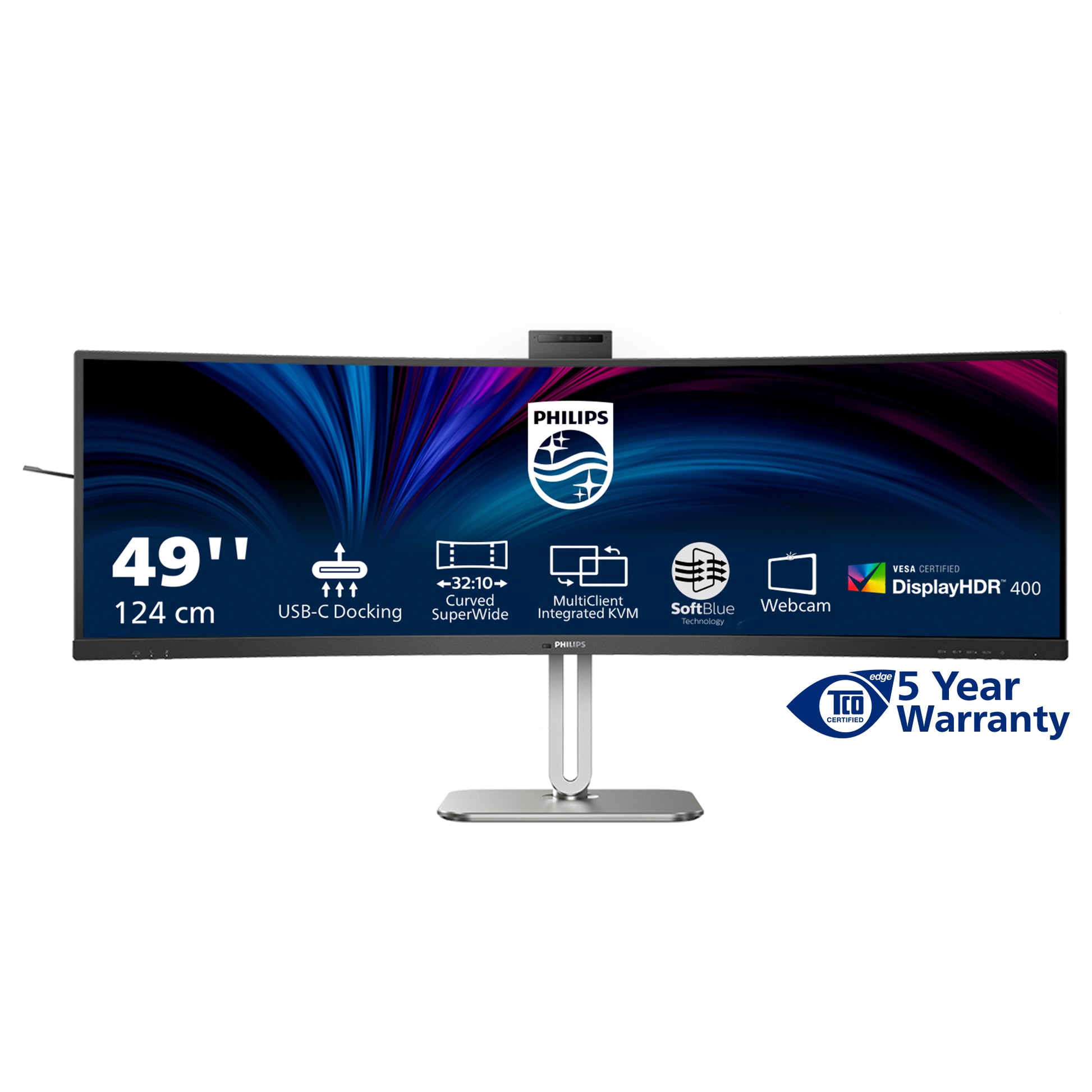 Philips 49B2U6900CH/00 – Monitor, 48,8", 450 cd/m², Webcam, KVM, 3× USB-C, Gebogen, VESA 100 × 100, Schwarz