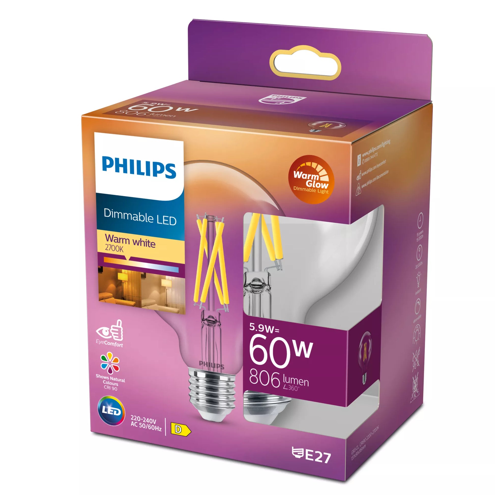 Philips by Signify Philips Leuchtmittel E27 G93 – Warmweiss 2200–2700 K, 806 lm, 5,9 W, dimmbar – 1 Stk.