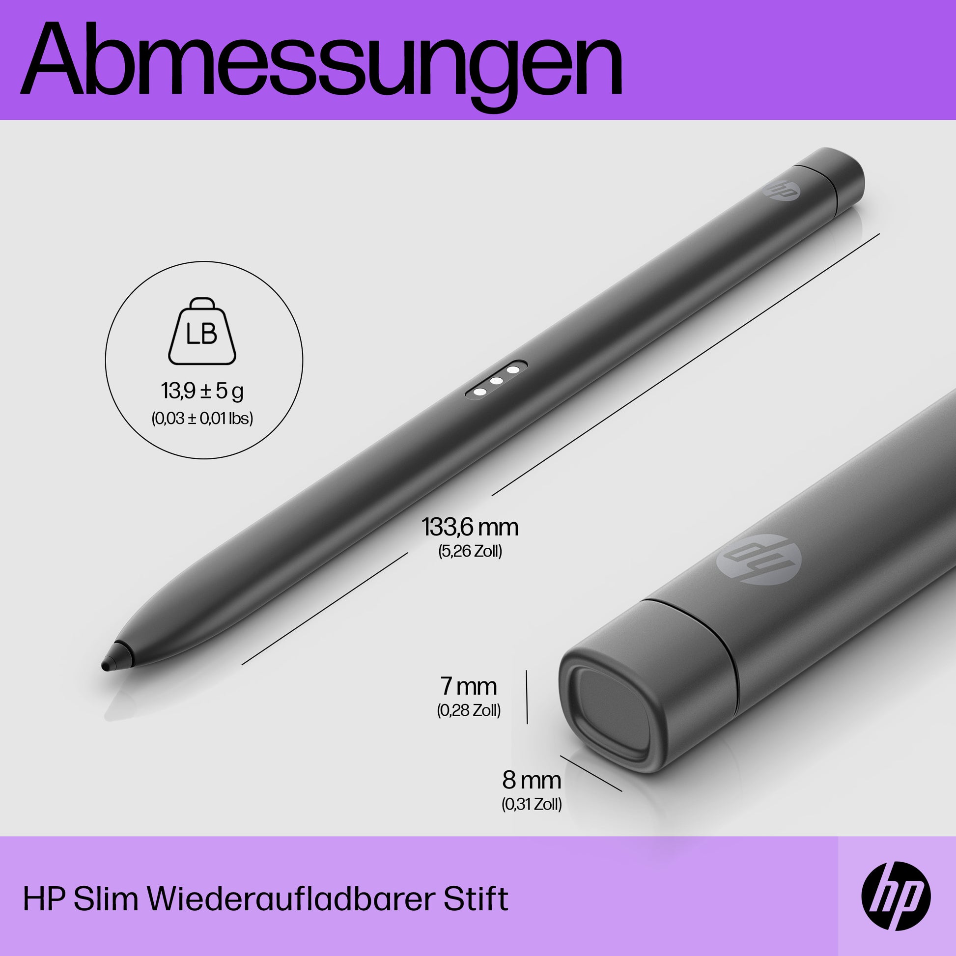 HP Slim Wiederaufladbarer Stift – Schwarz, 133,6 × 7 × 8 mm