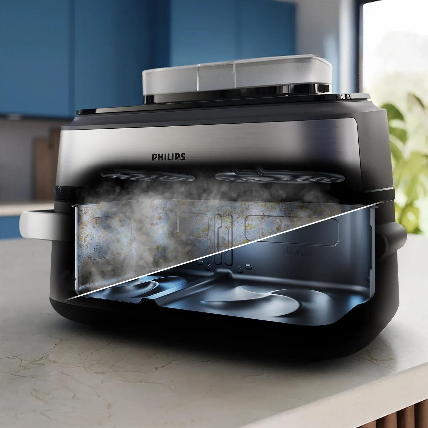 Philips Heissluftfritteuse NA565/02 – 9,5 l, Steam & Rapid Air, 2750 W – schwarz/silber/edelstahl